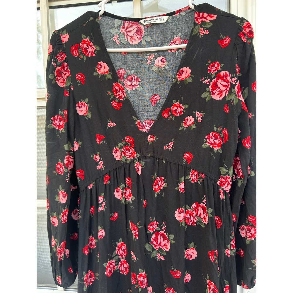 Stradivarius Womens Red Rose Floral V-Neck High-Low Midi Dress L Dark Romantic - Picture 4 of 10